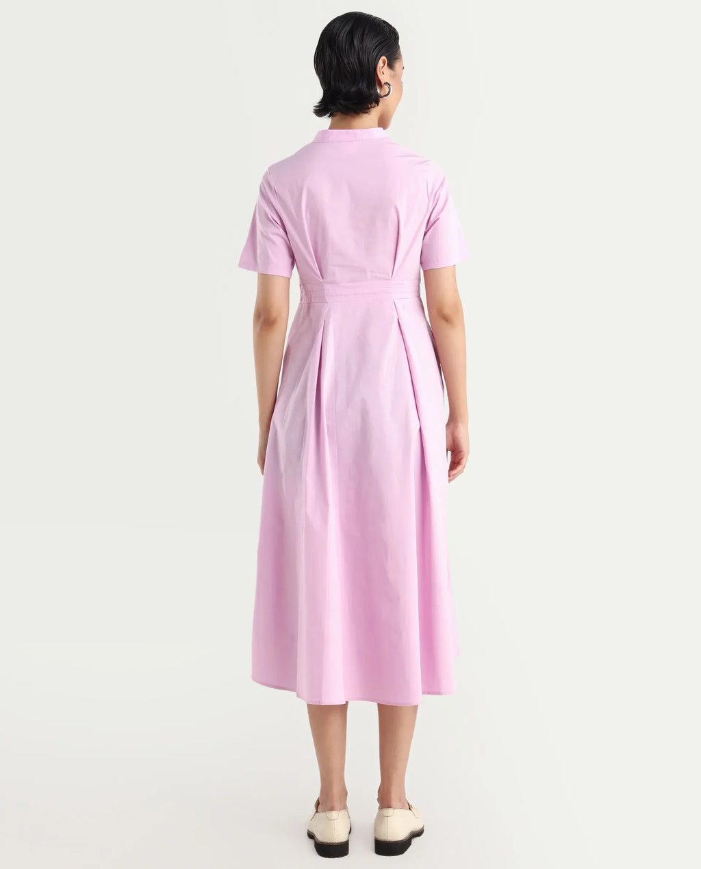 Rareism Women's Sede Pink Cotton Blend Mandarin Collar Plain Midi Flared Dress