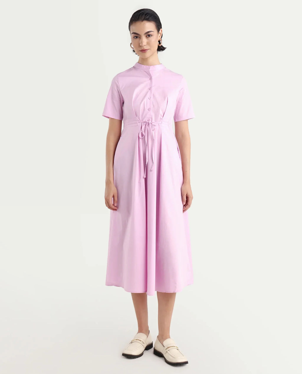 Rareism Women's Sede Pink Cotton Blend Mandarin Collar Plain Midi Flared Dress