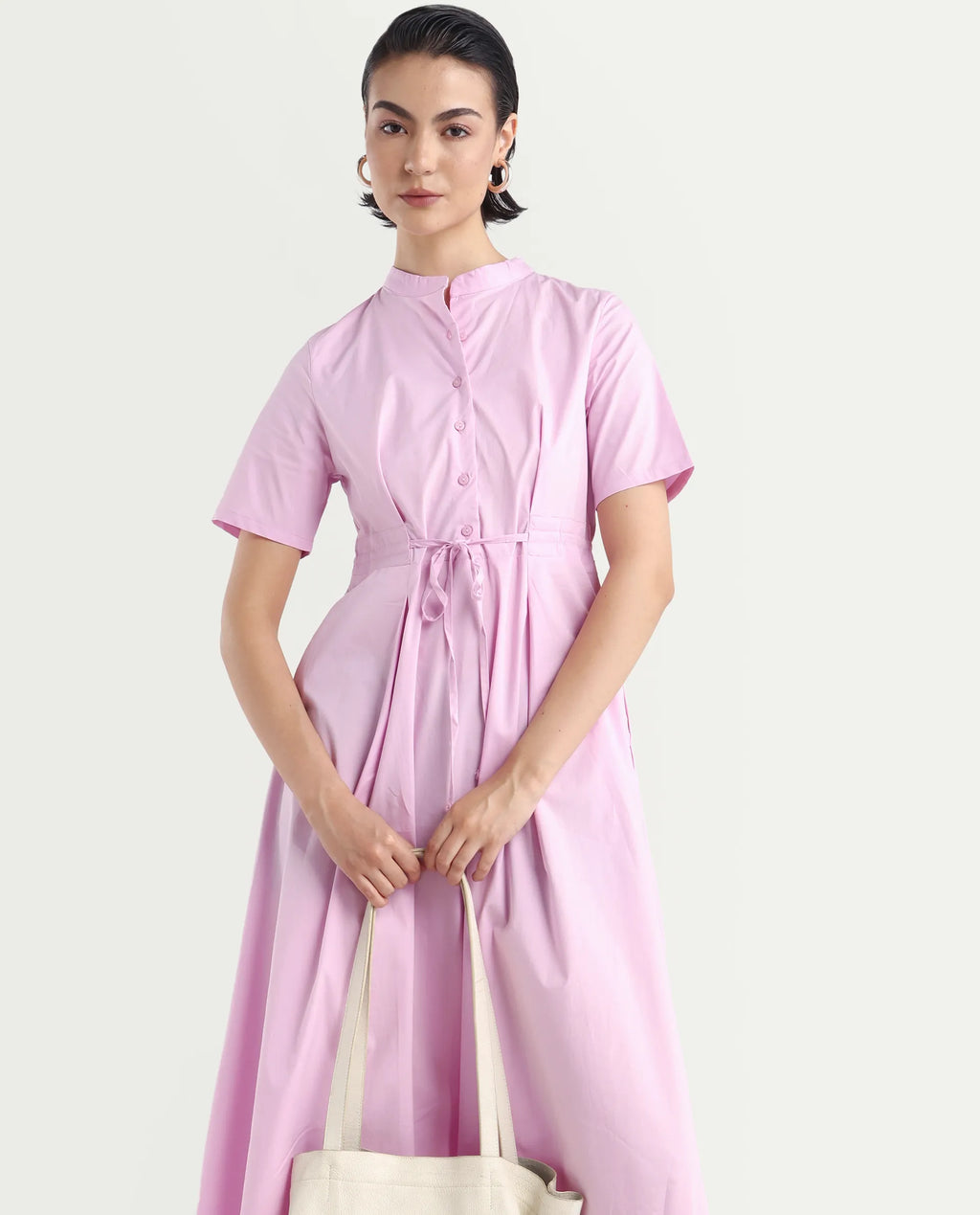 Rareism Women's Sede Pink Cotton Blend Mandarin Collar Plain Midi Flared Dress