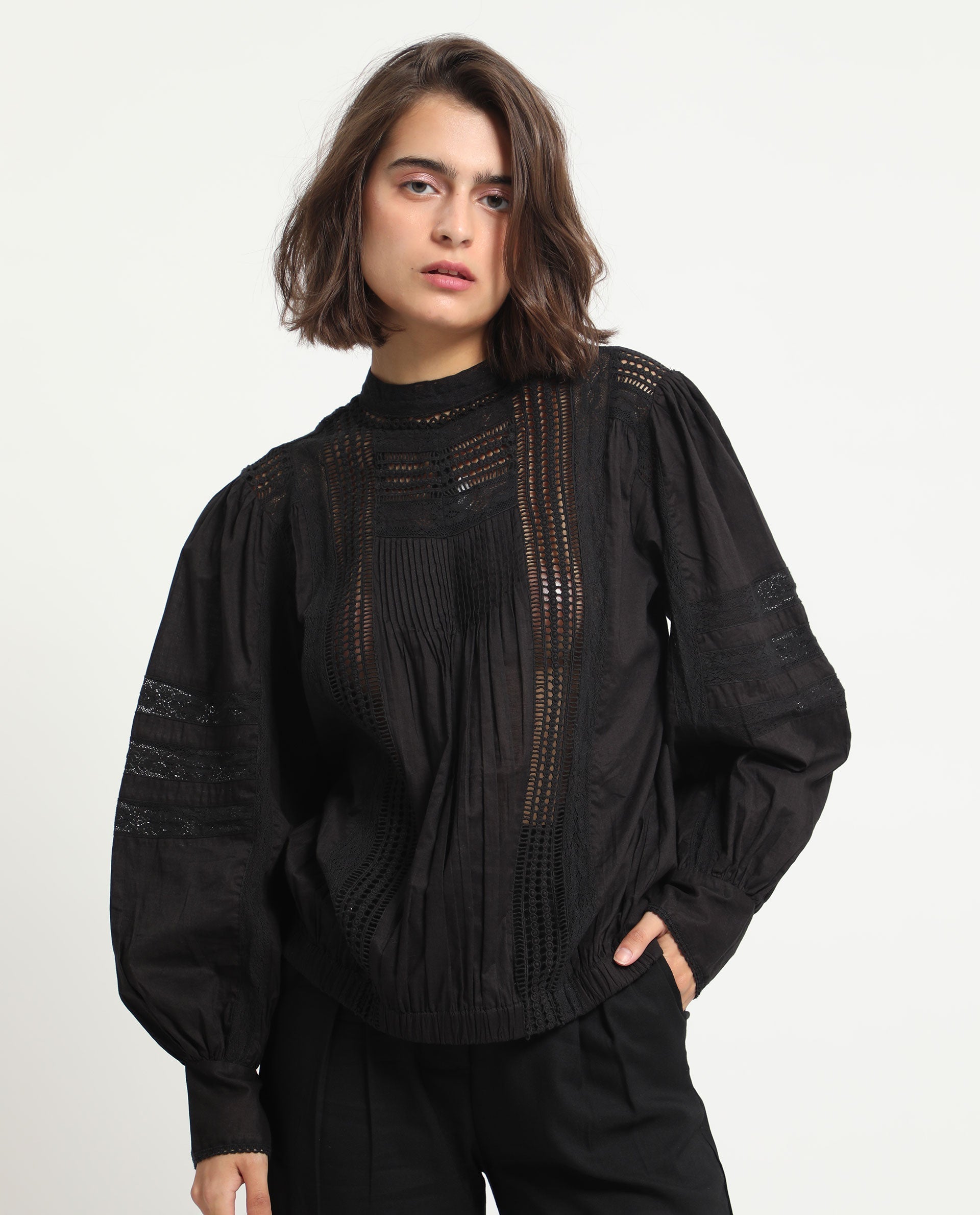 Rareism Women's Schwan Black Cotton High Neck Plain Balloon Sleeve Regular Fit Top