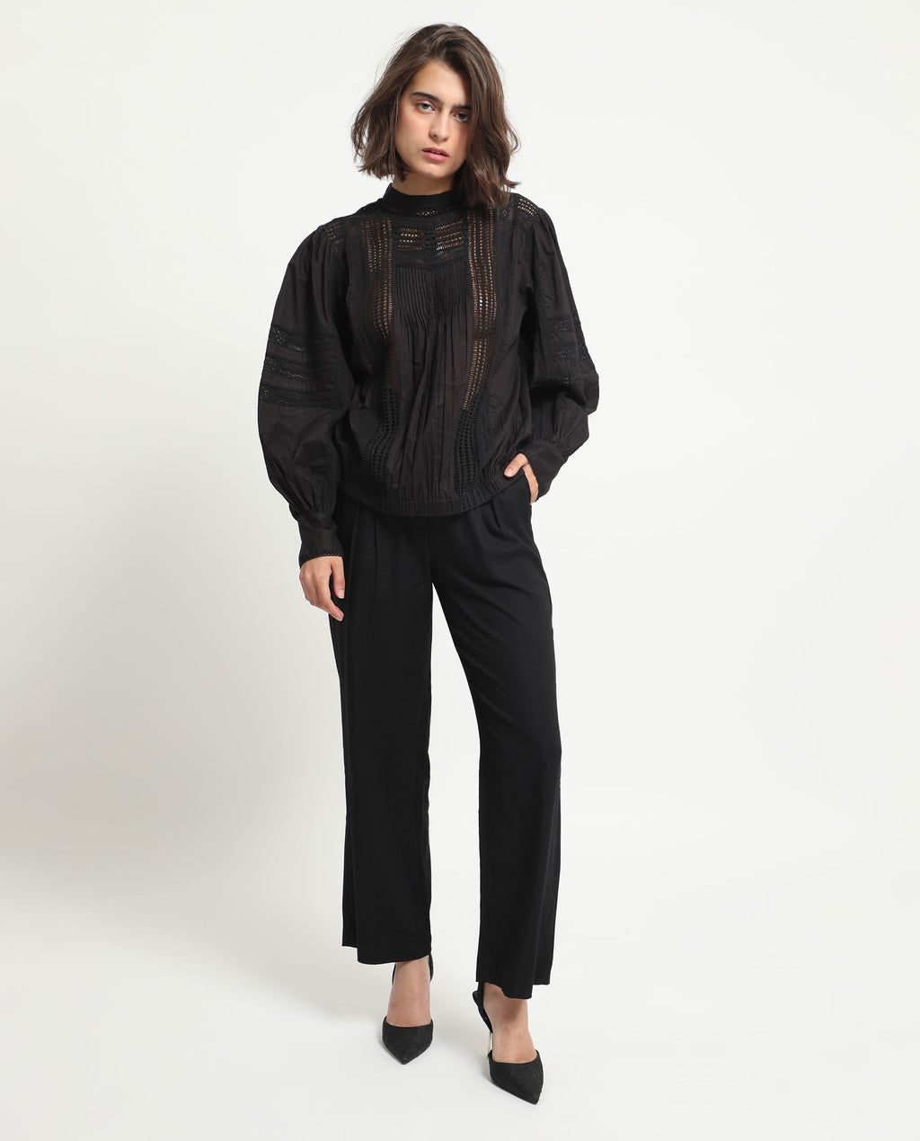 Rareism Women's Schwan Black Cotton High Neck Plain Balloon Sleeve Regular Fit Top