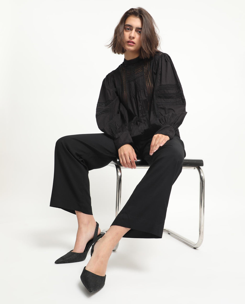 Rareism Women's Schwan Black Cotton High Neck Plain Balloon Sleeve Regular Fit Top