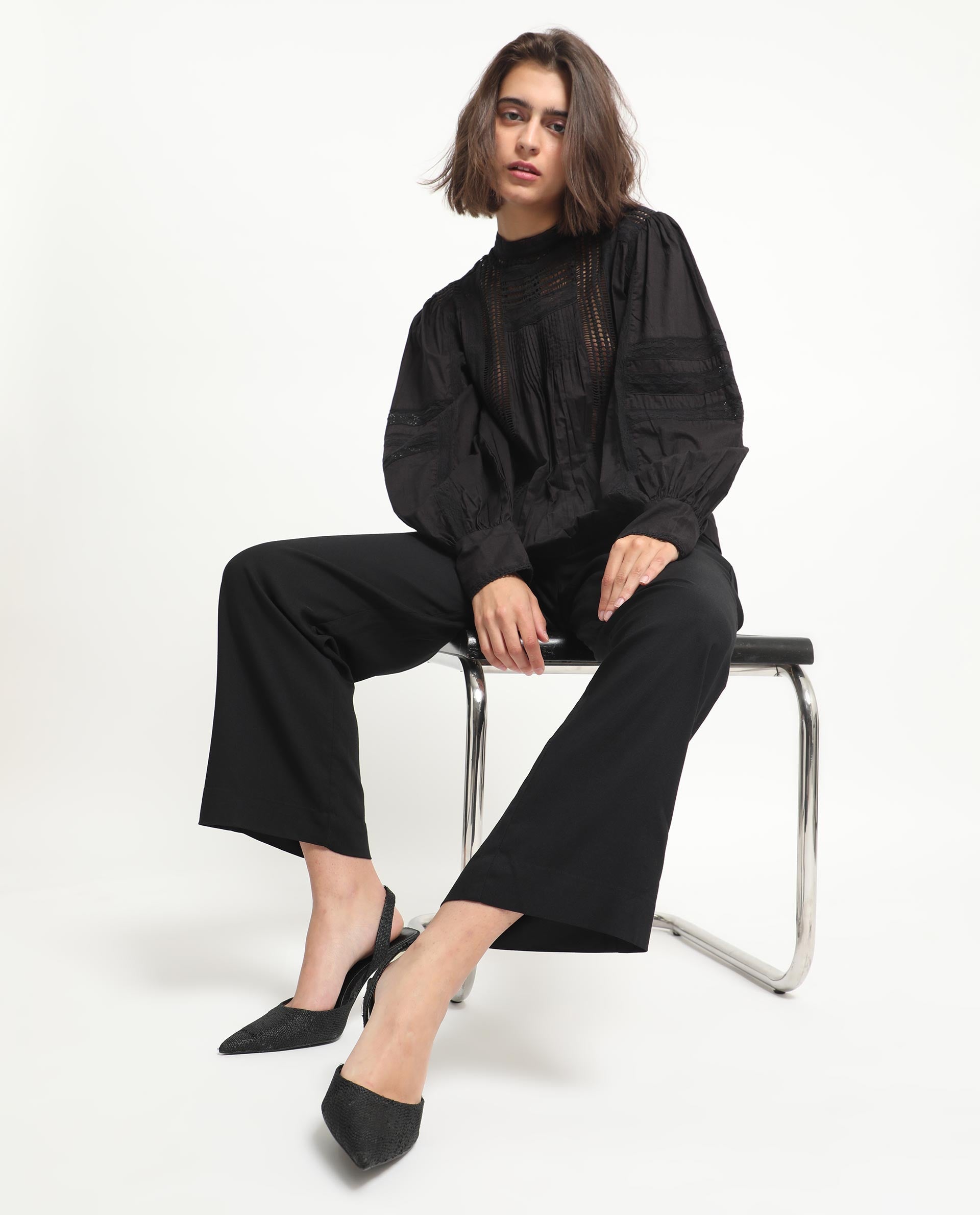 Rareism Women's Schwan Black Cotton High Neck Plain Balloon Sleeve Regular Fit Top