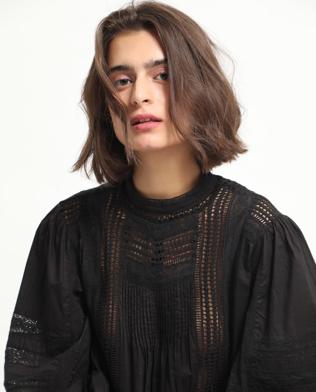 Rareism Women's Schwan Black Cotton High Neck Plain Balloon Sleeve Regular Fit Top