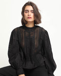 Rareism Women's Schwan Black Cotton High Neck Plain Balloon Sleeve Regular Fit Top