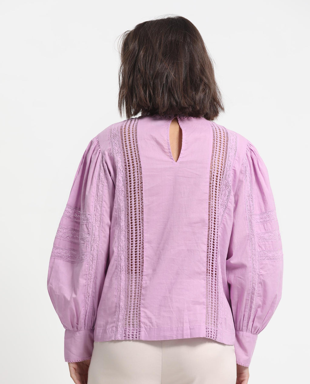 Rareism Women's Schwan Light Purple Cotton High Neck Plain Balloon Sleeve Regular Fit Top