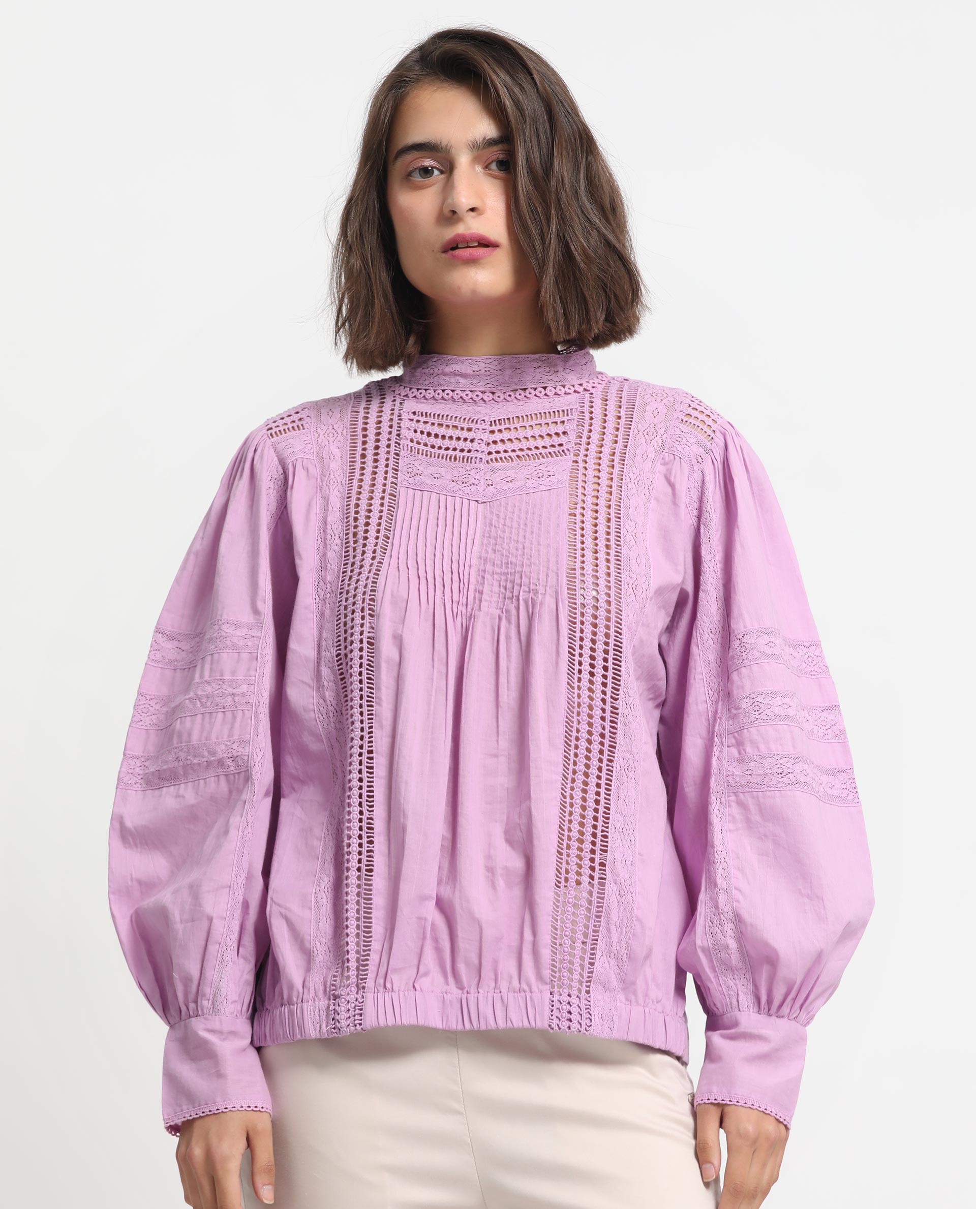 Rareism Women's Schwan Light Purple Cotton High Neck Plain Balloon Sleeve Regular Fit Top