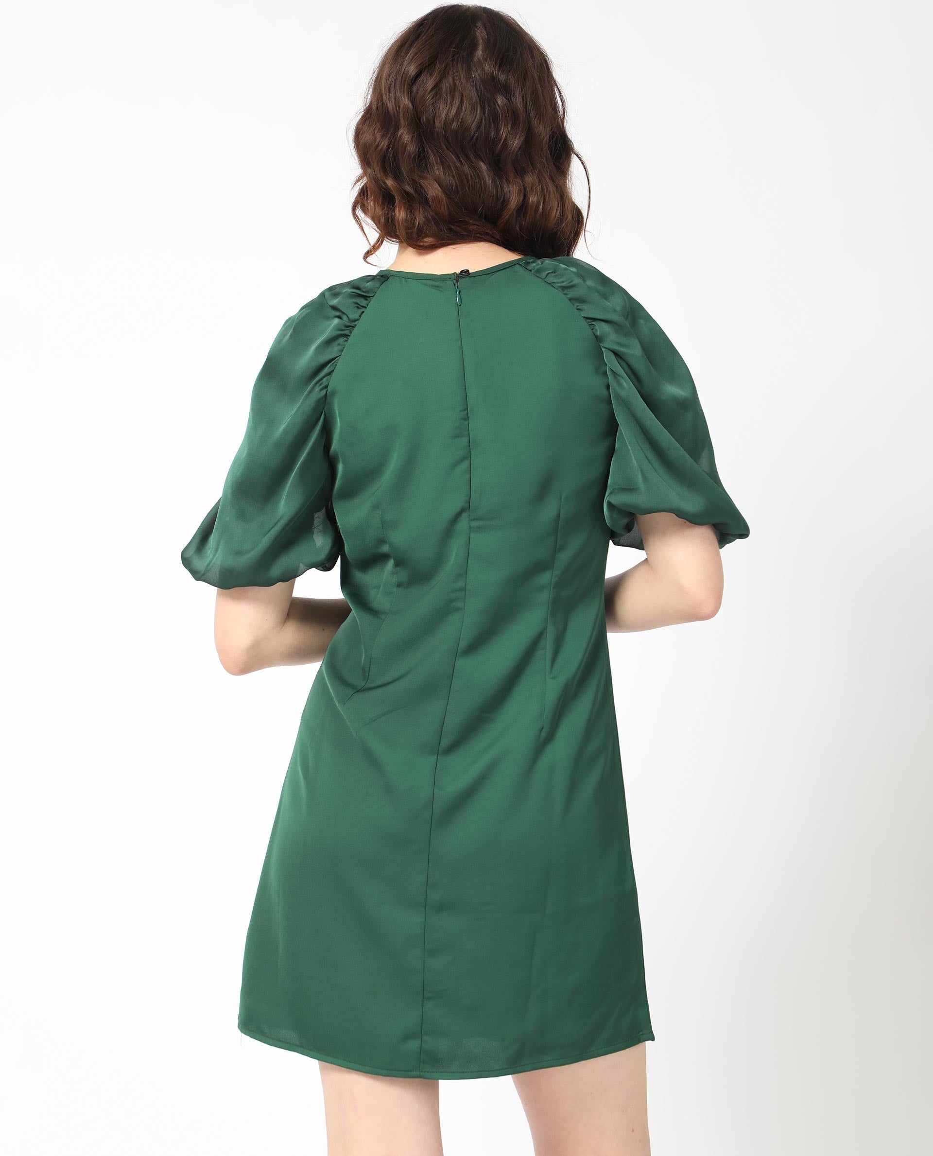 Rareism Women's Seldro Green Polyester Crew Neck Plain Puff Sleeves Mini Regular Fit Dress