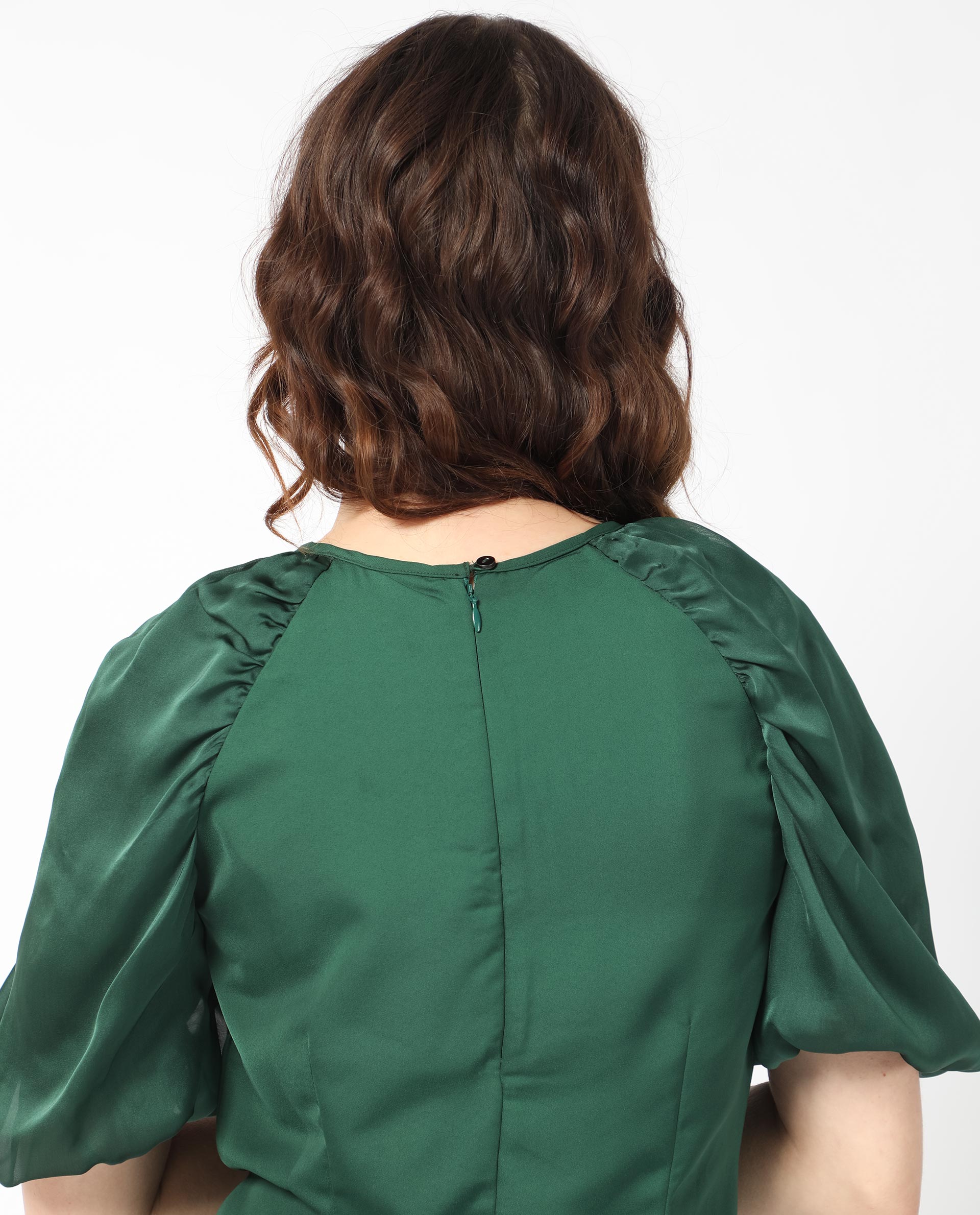 Rareism Women's Seldro Green Polyester Crew Neck Plain Puff Sleeves Mini Regular Fit Dress