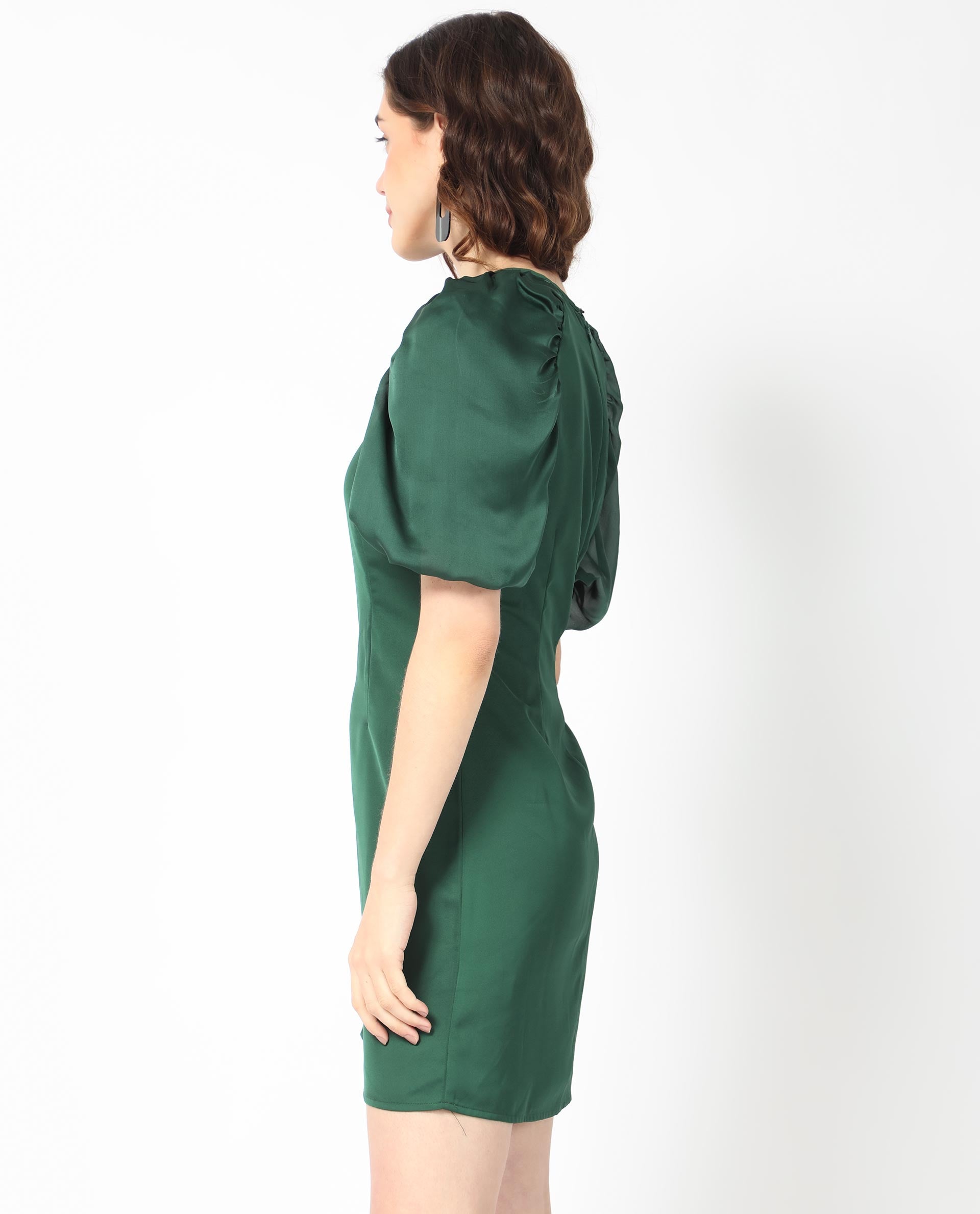 Rareism Women's Seldro Green Polyester Crew Neck Plain Puff Sleeves Mini Regular Fit Dress
