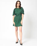 Rareism Women's Seldro Green Polyester Crew Neck Plain Puff Sleeves Mini Regular Fit Dress