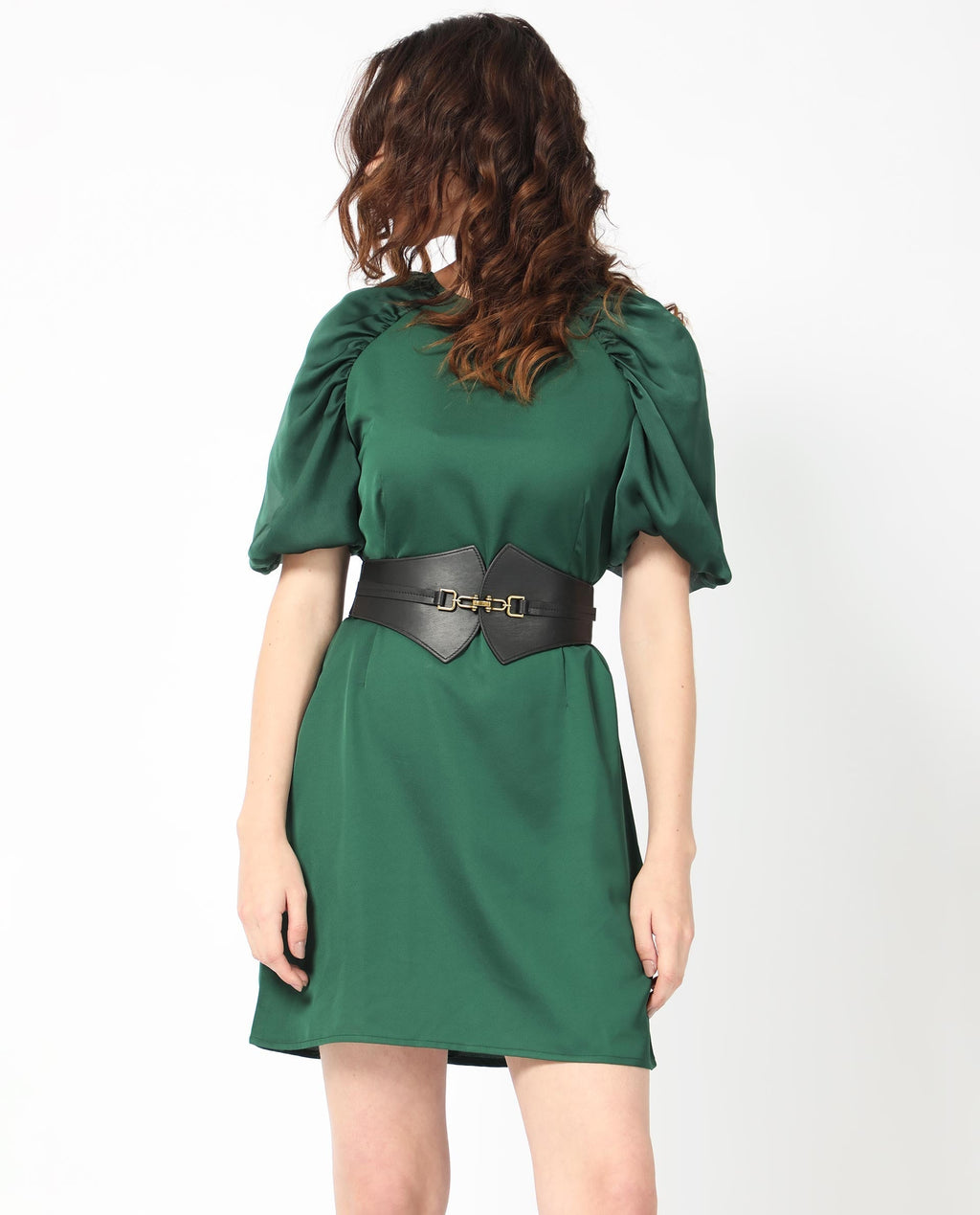 Rareism Women's Seldro Green Polyester Crew Neck Plain Puff Sleeves Mini Regular Fit Dress