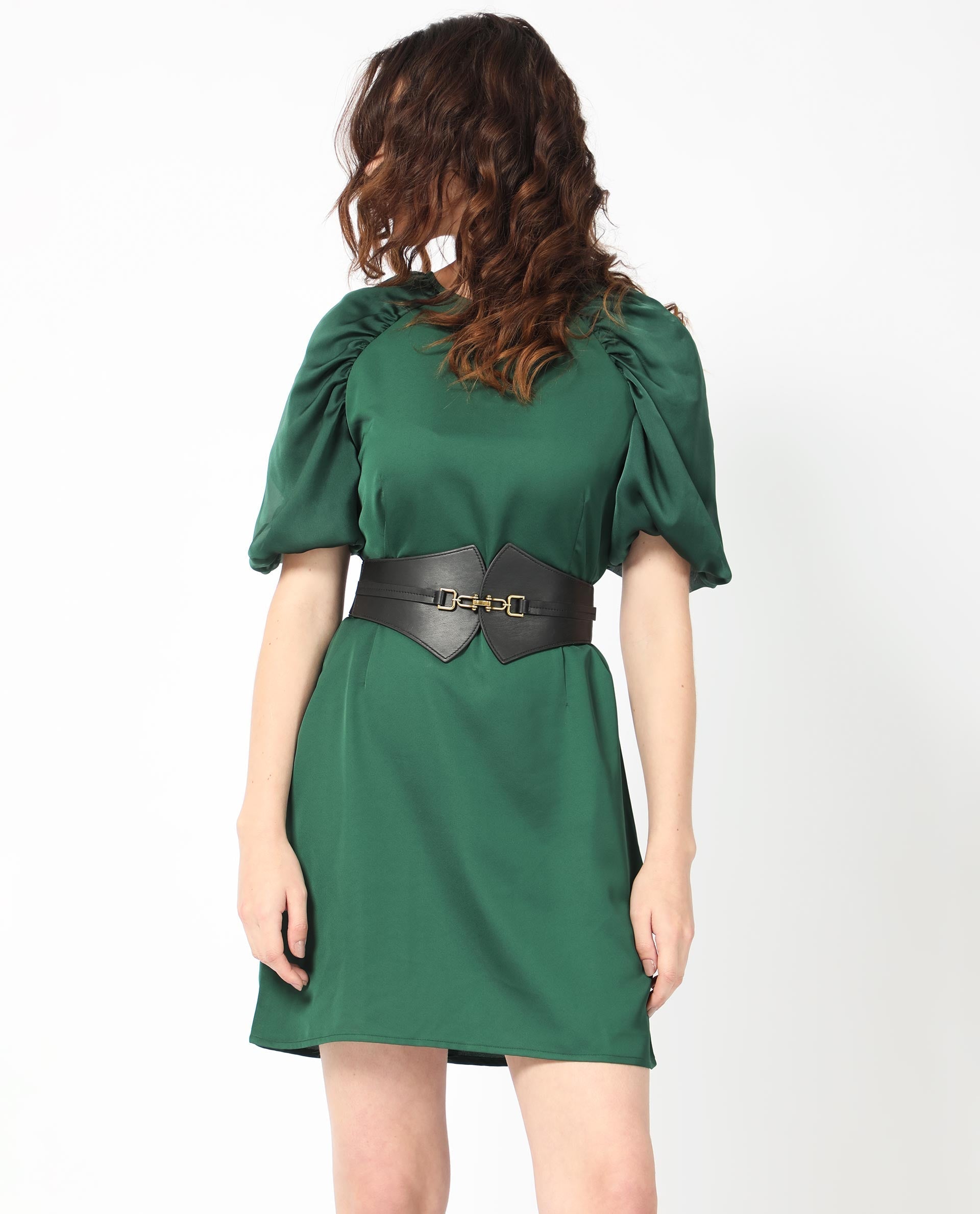 Rareism Women's Seldro Green Polyester Crew Neck Plain Puff Sleeves Mini Regular Fit Dress