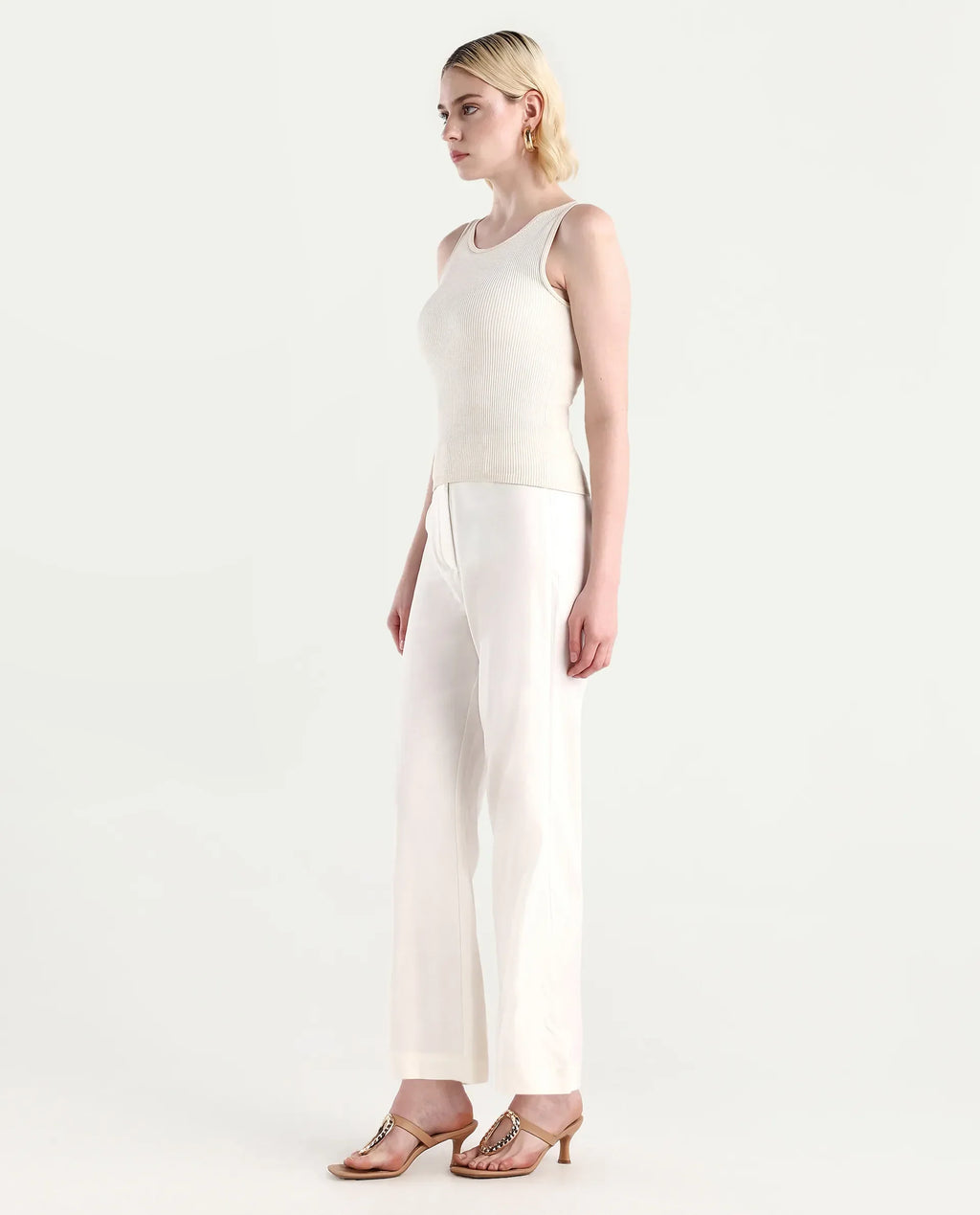 Rareism Women's Selene White Cotton Blend Plain Ankle Length Straight Fit Trouser