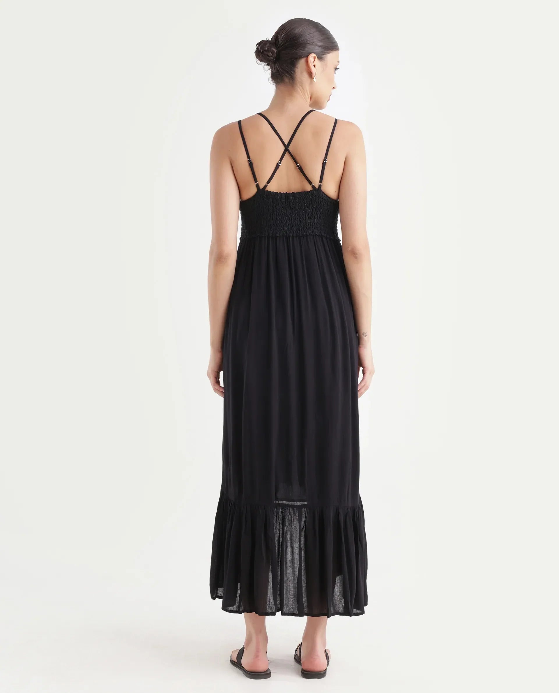 Rareism Women's Semolina Black Shoulder Strap Plain Shoulder Strap Maxi Fit And Flare Dress