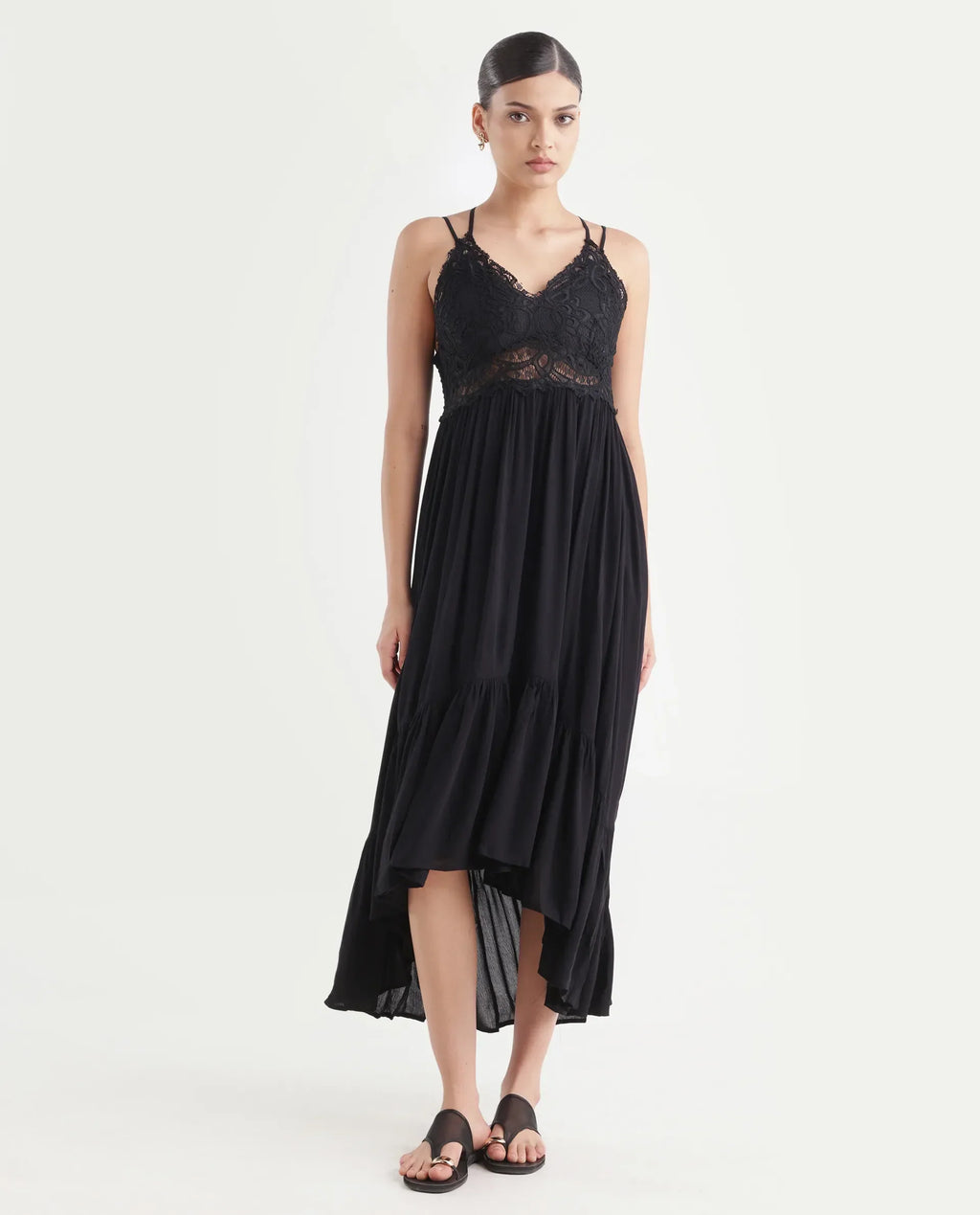 Rareism Women's Semolina Black Shoulder Strap Plain Shoulder Strap Maxi Fit And Flare Dress