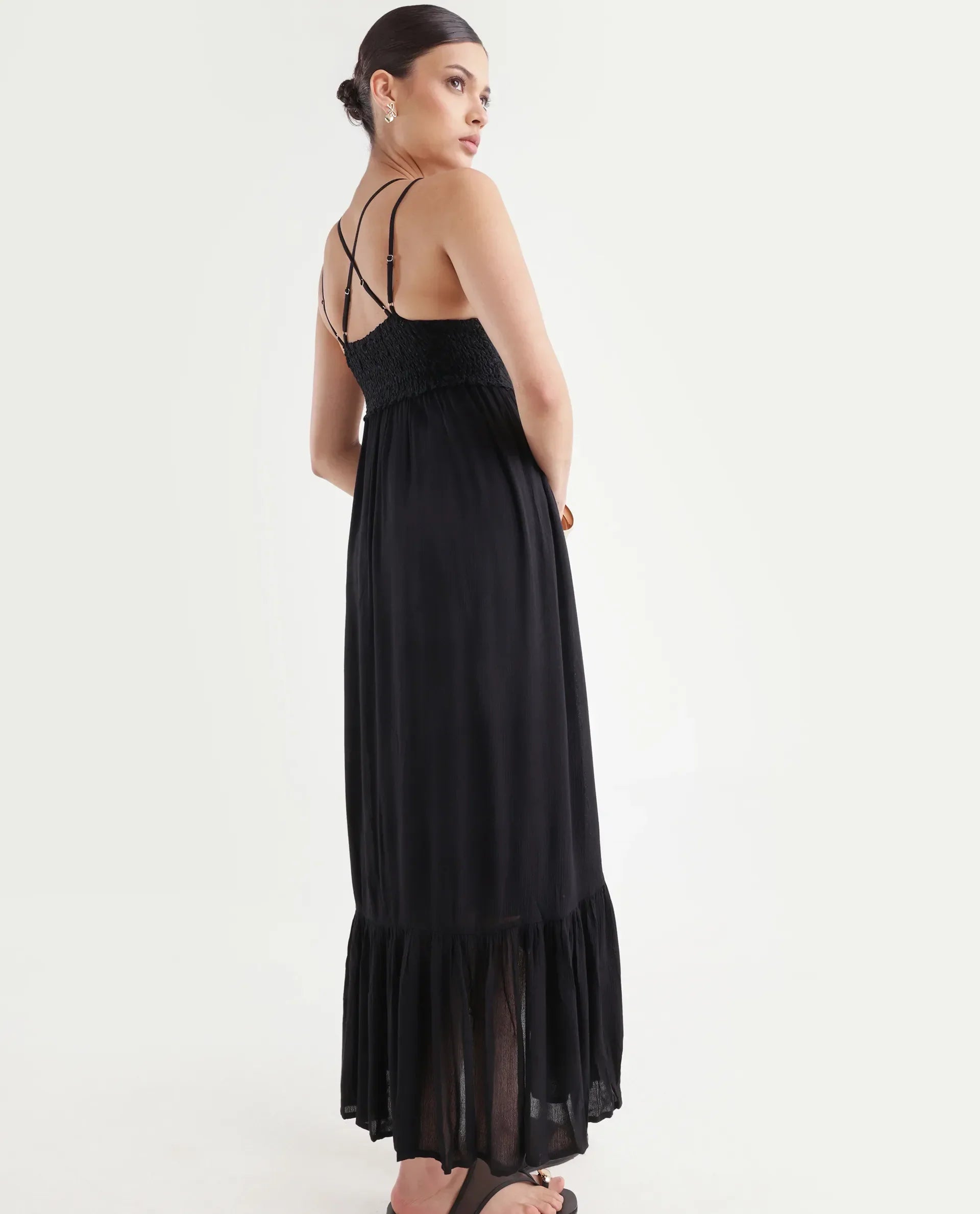 Rareism Women's Semolina Black Shoulder Strap Plain Shoulder Strap Maxi Fit And Flare Dress