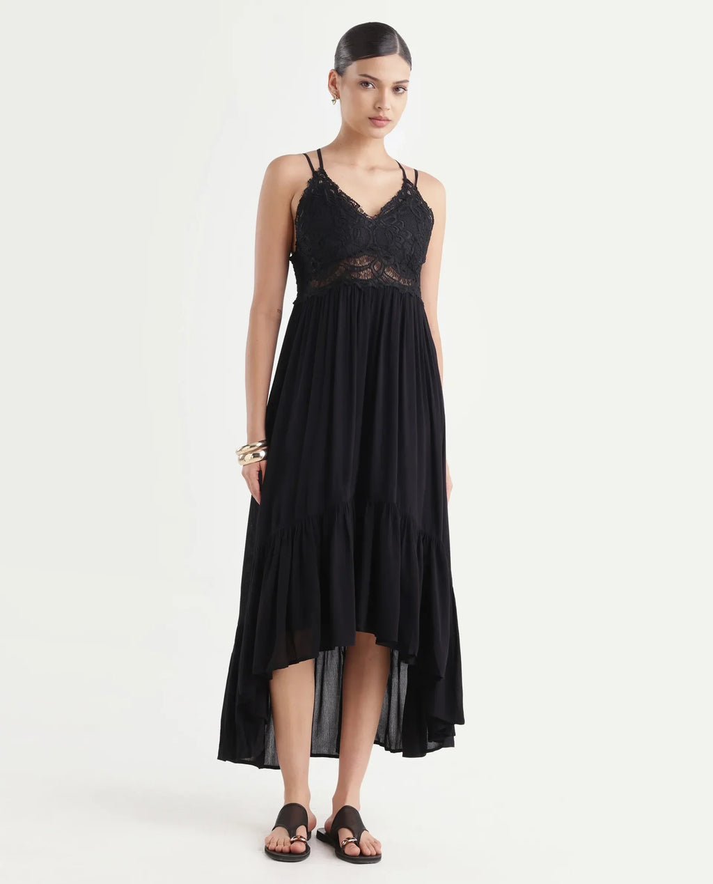 Rareism Women's Semolina Black Shoulder Strap Plain Shoulder Strap Maxi Fit And Flare Dress