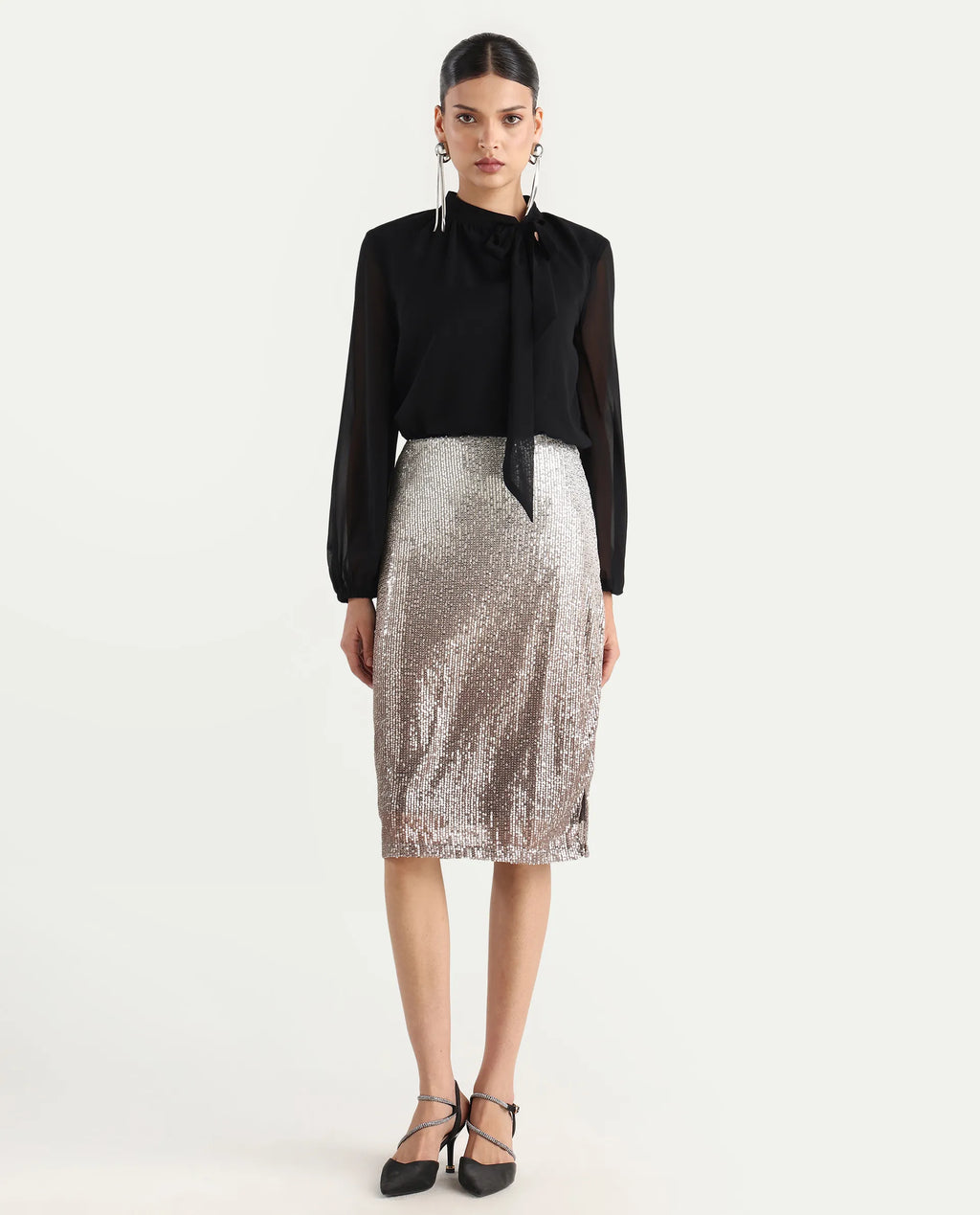 Rareism Women's Seoul Metallic Gold Plain Knee Length Fitted Skirt