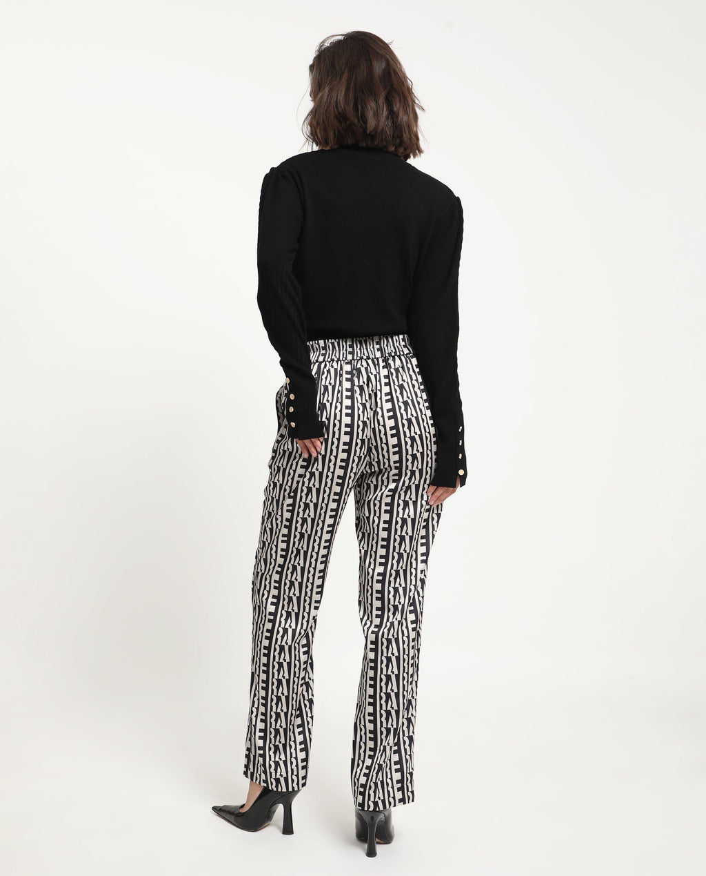 Rareism Women's Atantit Black Polyester Geometric Print Ankle Length Tailored Trouser