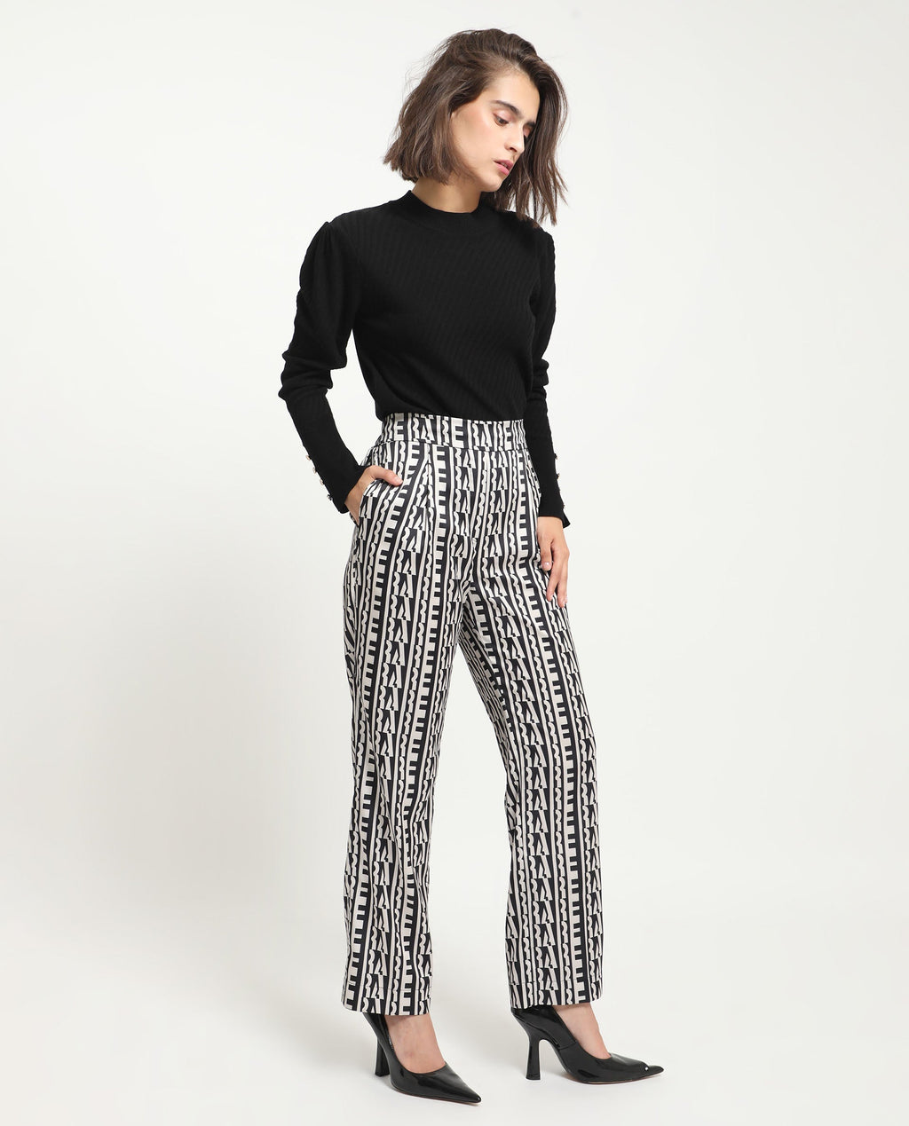 Rareism Women's Atantit Black Polyester Geometric Print Ankle Length Tailored Trouser