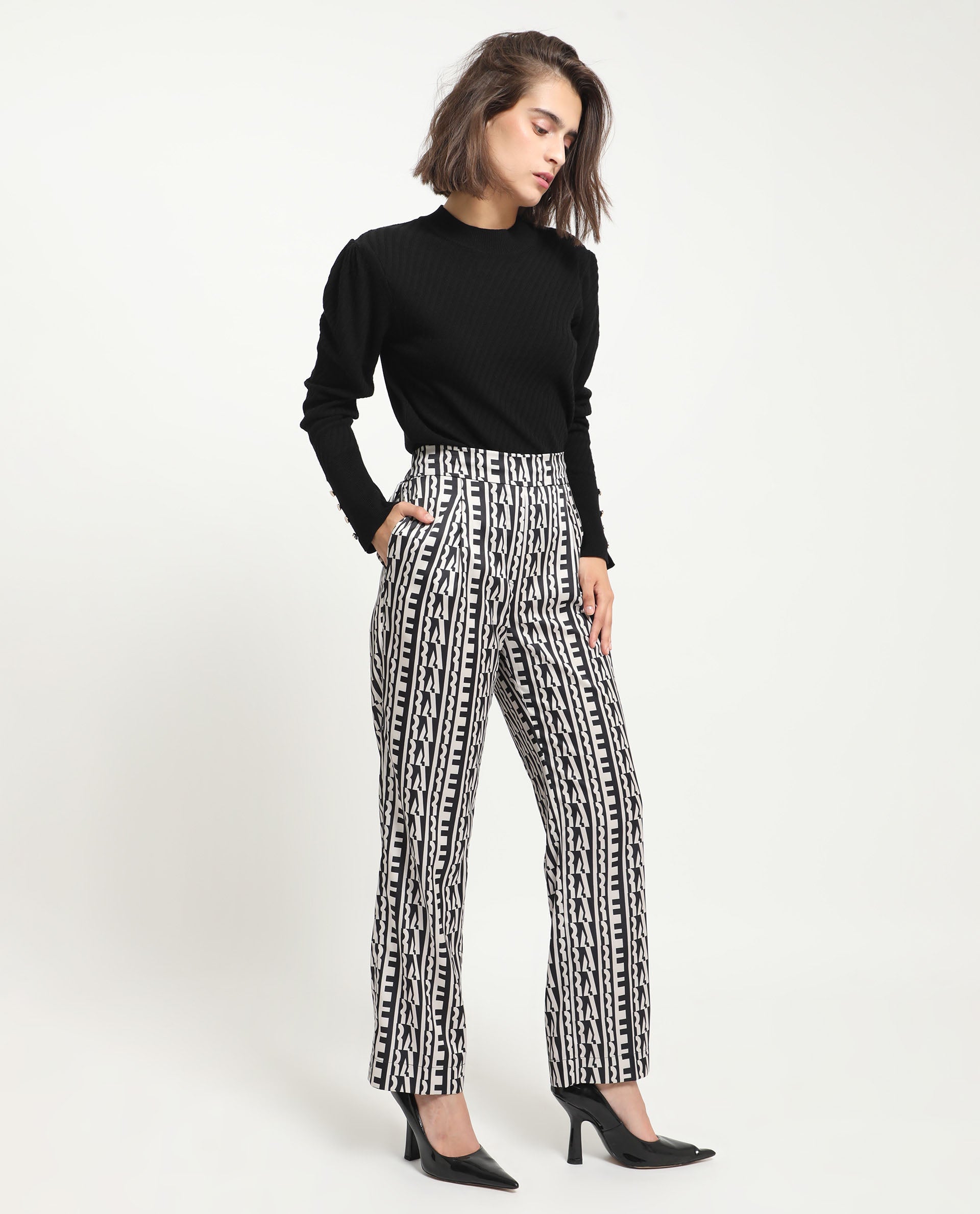 Rareism Women's Atantit Black Polyester Geometric Print Ankle Length Tailored Trouser