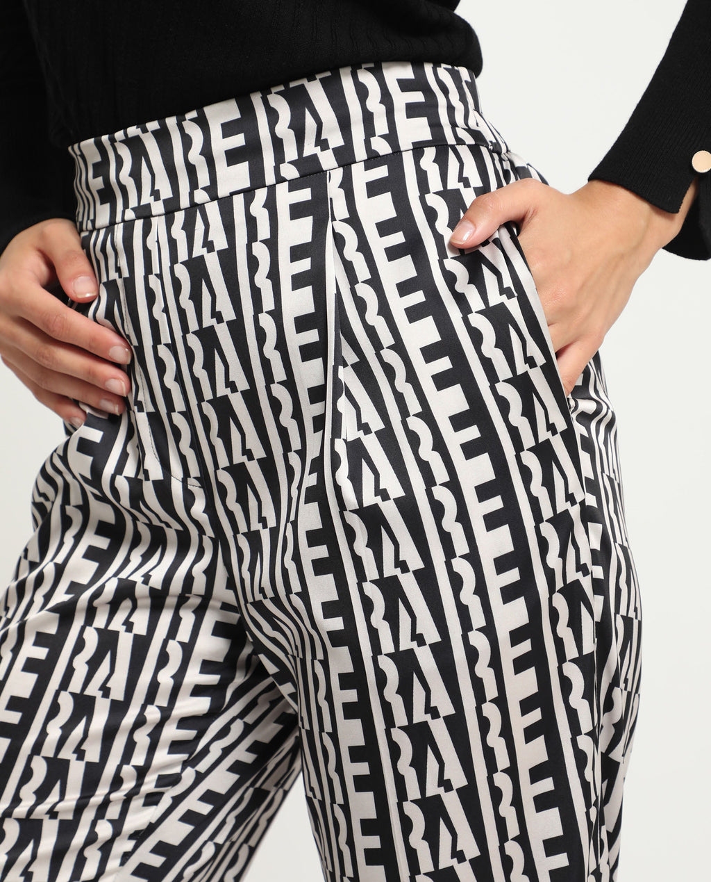Rareism Women's Atantit Black Polyester Geometric Print Ankle Length Tailored Trouser