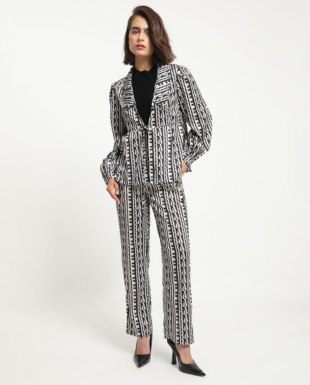 Rareism Women's Atantit Black Polyester Geometric Print Ankle Length Tailored Trouser