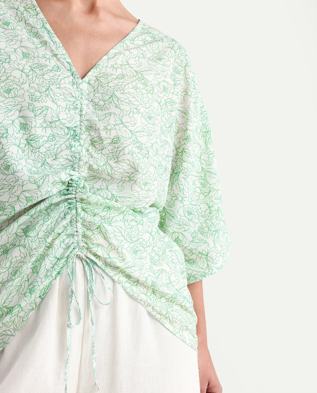 Rareism Women's Sepio-T Light Green Viscose V-Neck Floral Print Extended Sleeves Relaxed Fit Top