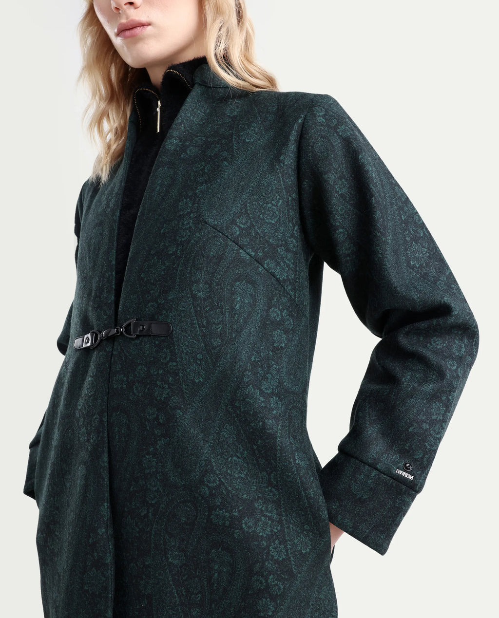 Rareism Women's Sera Green Polyester High Neck Paisley Print Knee Length Regular Fit Jacket