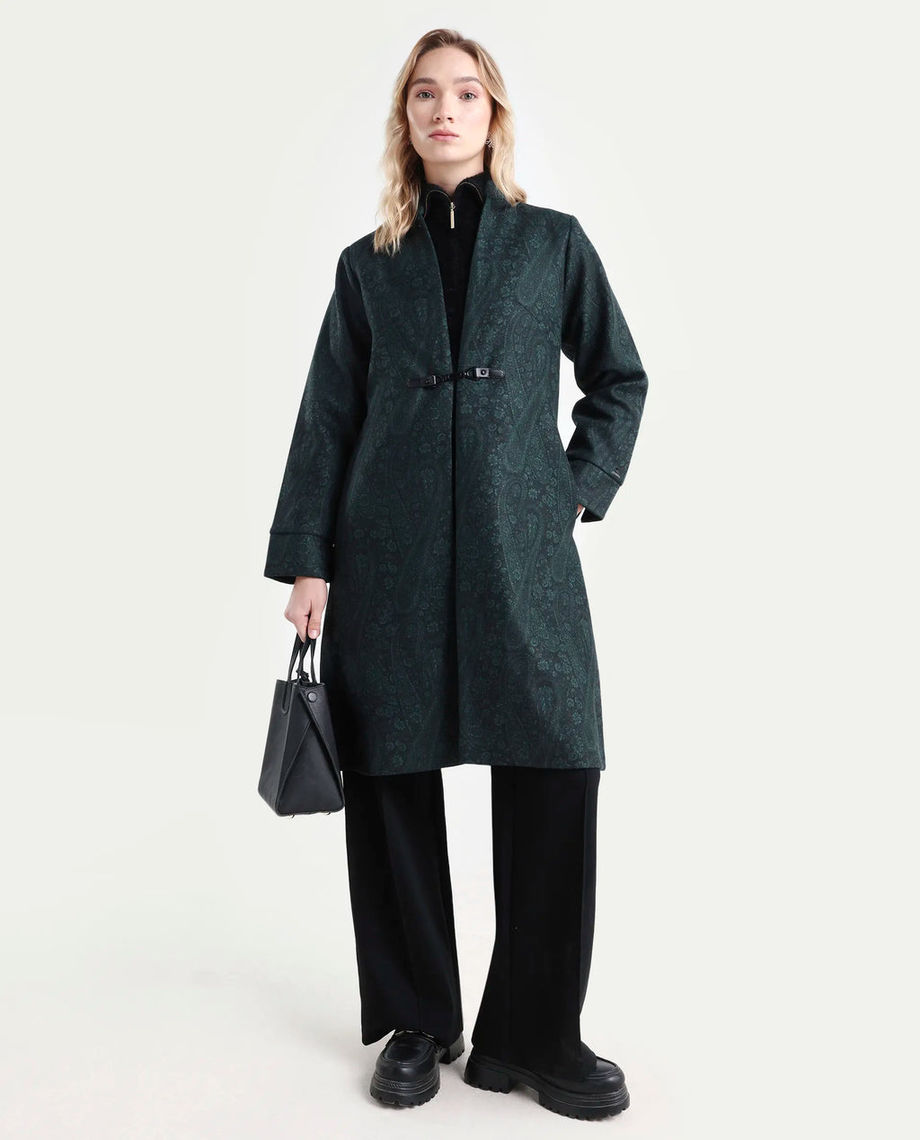 Rareism Women's Sera Green Polyester High Neck Paisley Print Knee Length Regular Fit Jacket