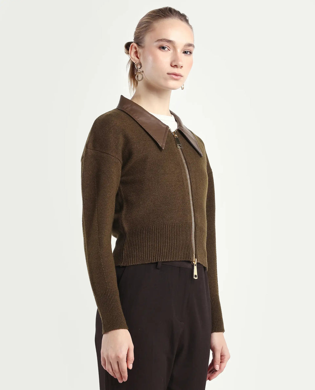 Rareism Women's Serpen Brown Drop Collar Plain Relaxed Fit Jacket