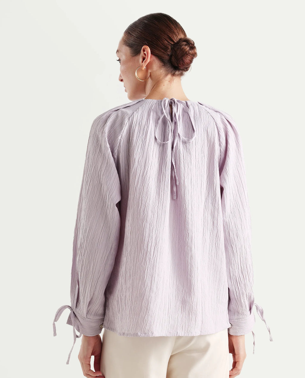 Rareism Women's Serty Grey Polyester Tie-Up Neck Plain Raglan Sleeve Regular Fit Top