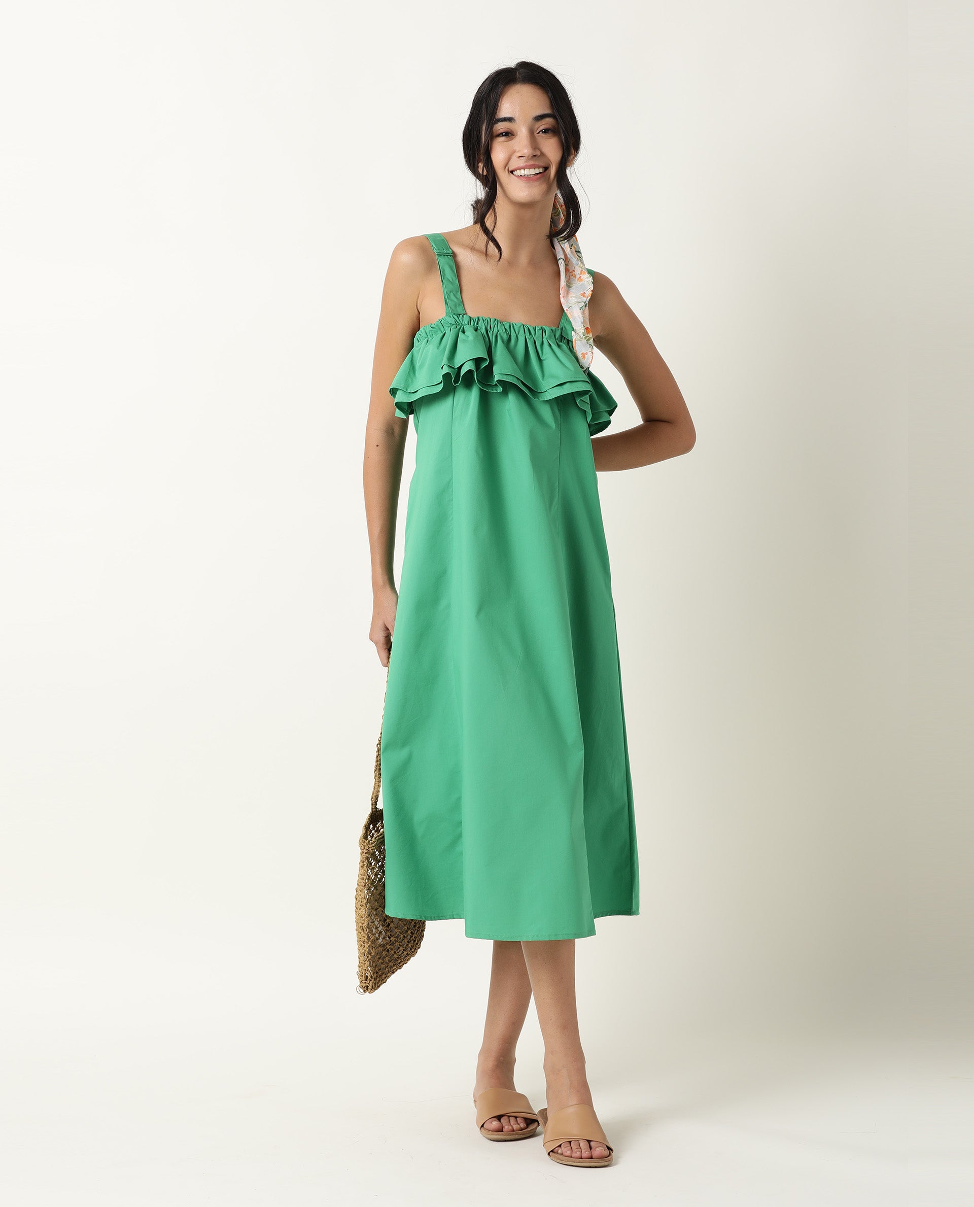 Rareism Women's Shallow Green Cotton Blend Tube Neck Plain Sleeveless Knee Length Regular Fit Dress