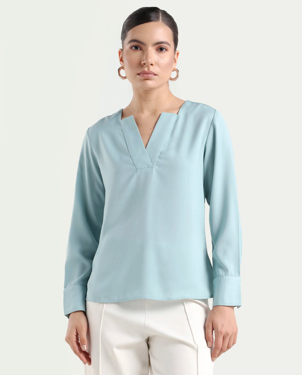Rareism Women's Shami Light Blue Polyester V-Neck Plain Cuffed Sleeve Regular Fit Top