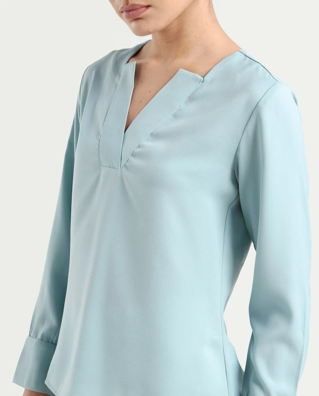 Rareism Women's Shami Light Blue Polyester V-Neck Plain Cuffed Sleeve Regular Fit Top
