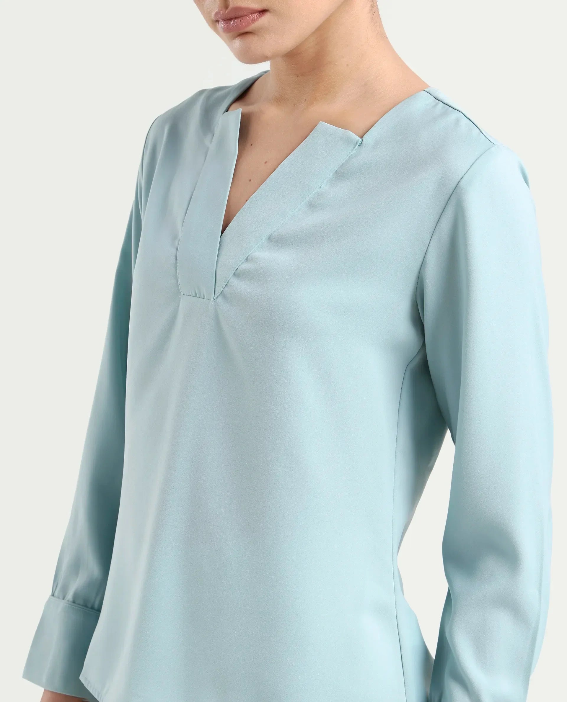 Rareism Women's Shami Light Blue Polyester V-Neck Plain Cuffed Sleeve Regular Fit Top