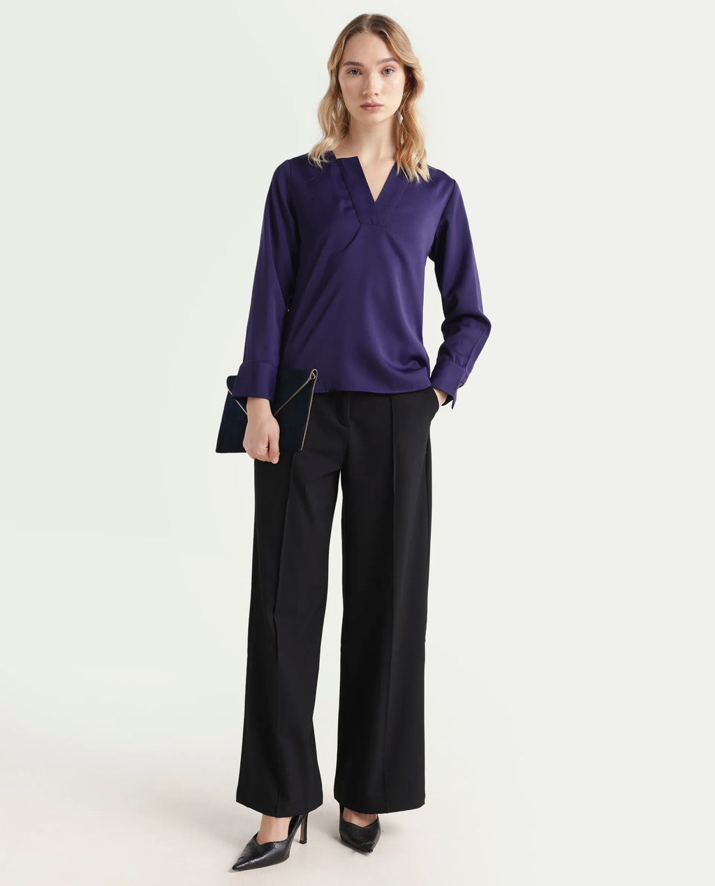Rareism Women's Shami Navy Polyester V-Neck Plain Cuffed Sleeve Regular Fit Top