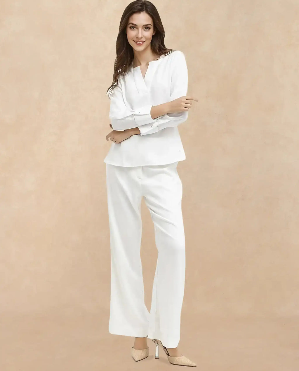 Rareism Women's Shamon White Polyester V-Neck Plain Cuffed Sleeve Regular Fit Top
