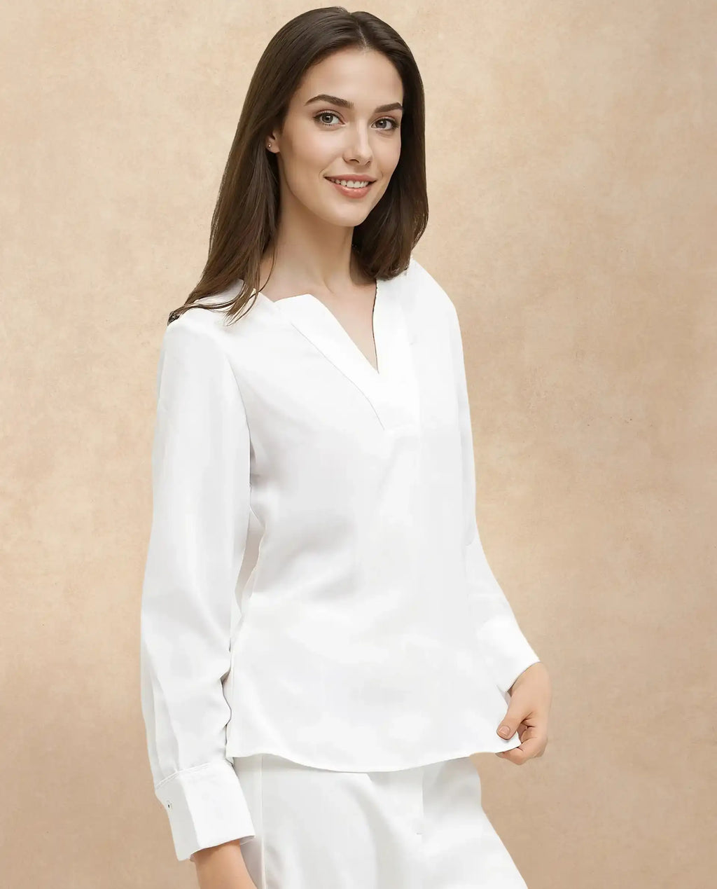 Rareism Women's Shamon White Polyester V-Neck Plain Cuffed Sleeve Regular Fit Top