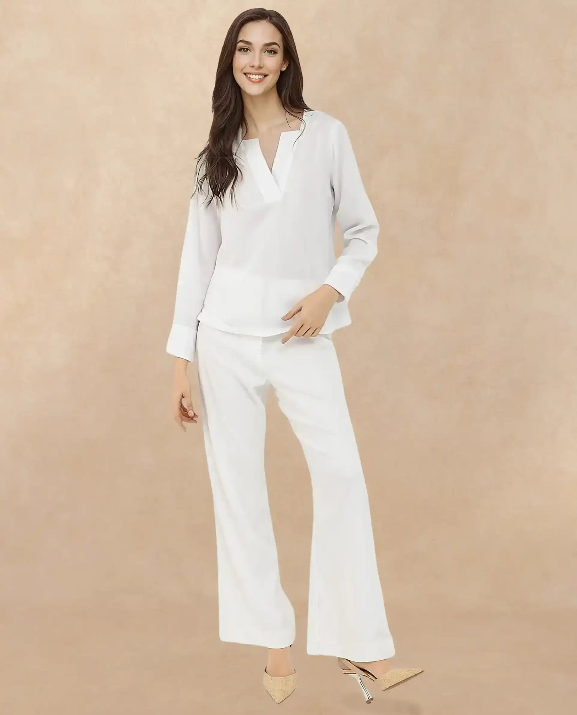 Rareism Women's Shamon White Polyester V-Neck Plain Cuffed Sleeve Regular Fit Top