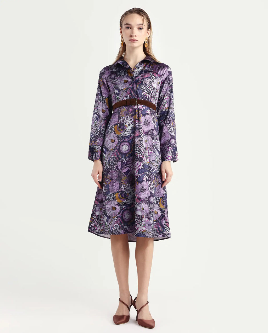 Rareism Women's Shapat Multi Satin High Neck Abstract Print Midi A-Line Dress
