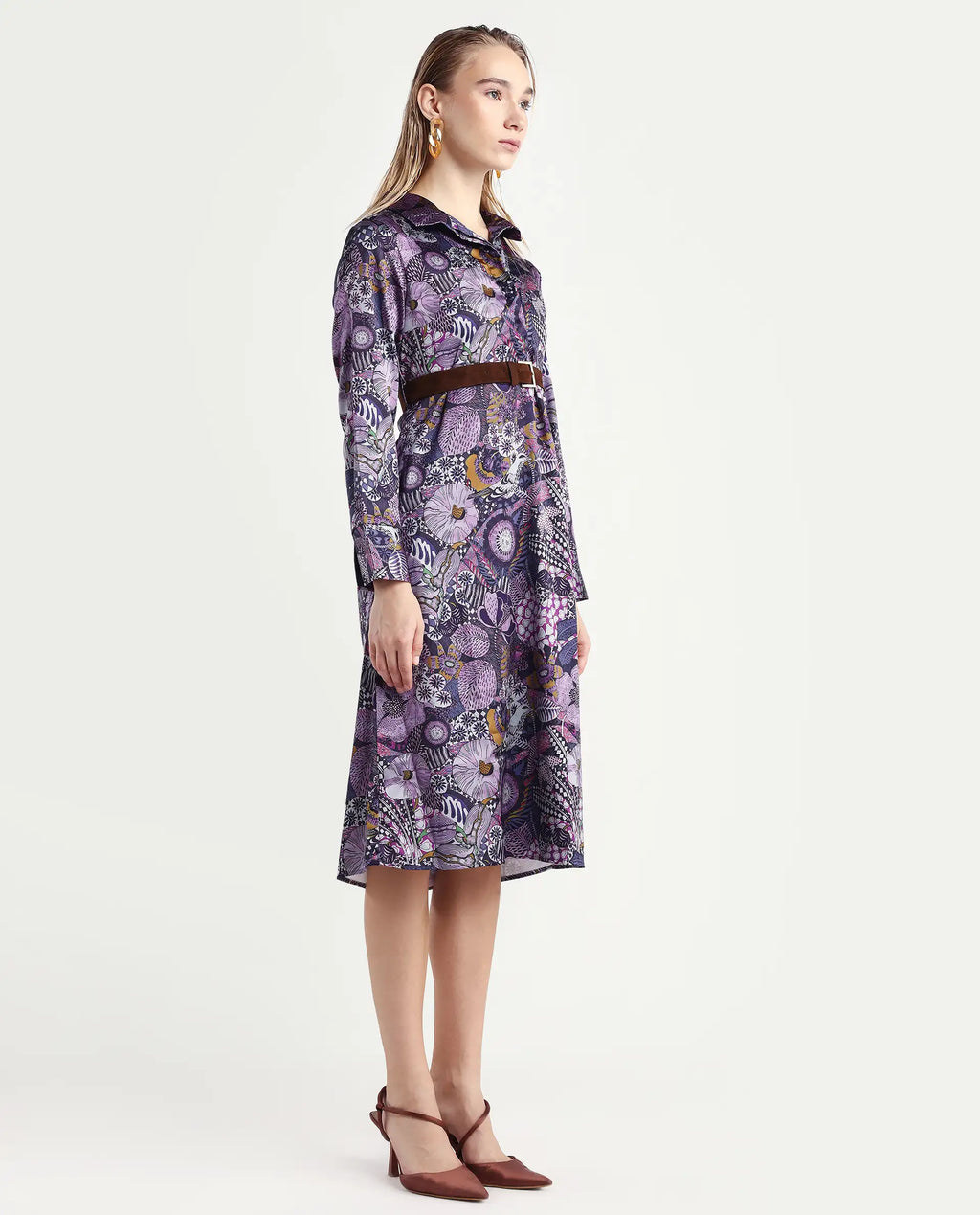 Rareism Women's Shapat Multi Satin High Neck Abstract Print Midi A-Line Dress