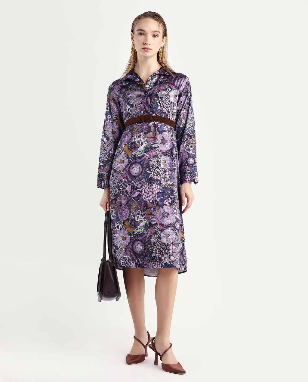 Rareism Women's Shapat Multi Satin High Neck Abstract Print Midi A-Line Dress