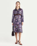 Rareism Women's Shapat Multi Satin High Neck Abstract Print Midi A-Line Dress