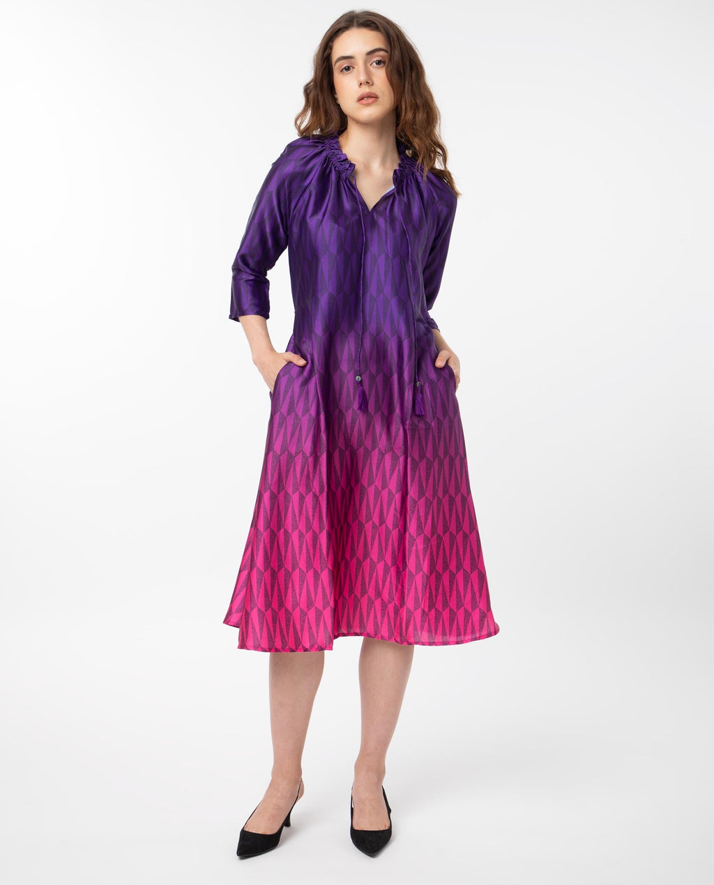 Rareism Women's Shaw Pink Polyester Tie-Up Neck Ombre Knee Length Regular Fit Dress