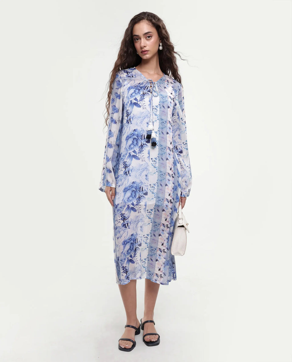 Rareism Women's Shay Blue Modal Tie-Up Neck Floral Print Knee Length Relaxed Fit Shrug
