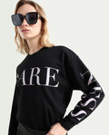 Rareism Women's Shelly Black Polyester Blend Crew Neck Graphic Print Cuffed Sleeve Relaxed Fit Sweatshirt