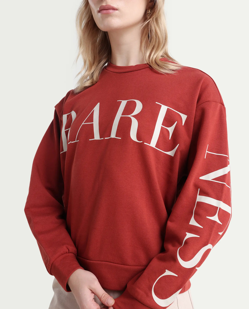 Rareism Women's Shelly Rust Polyester Blend Crew Neck Graphic Print Cuffed Sleeve Relaxed Fit Sweatshirt