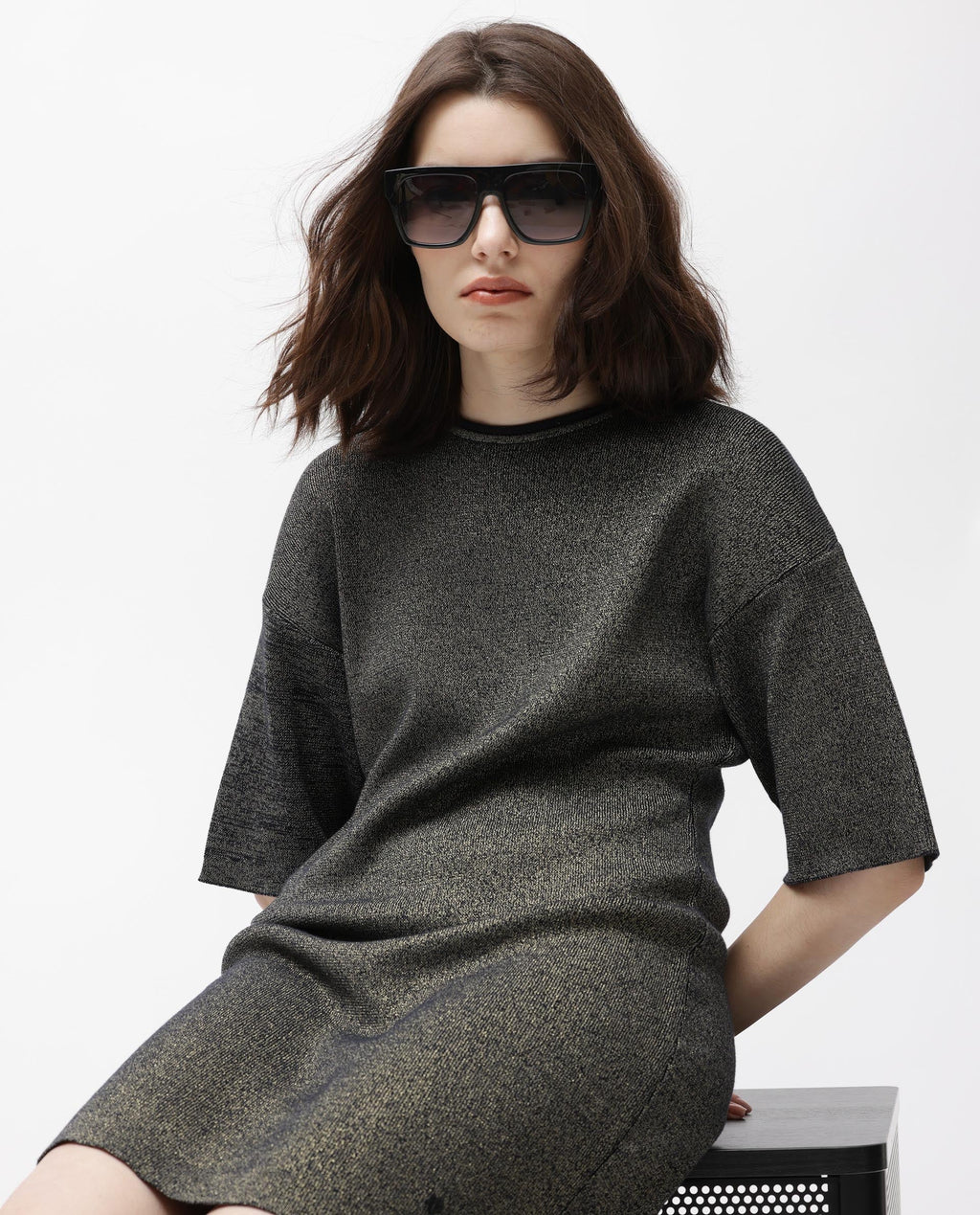 Rareism Women's Shimknit Black Cotton Boat Neck Plain Relaxed Fit Sweater